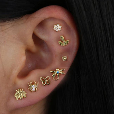 Pretty All The Way Around Ear Piercing Ideas - Gold Butterfly Earring Studs Jewelry for Cartilage Helix Lobe - www.MyBodiArt.com 