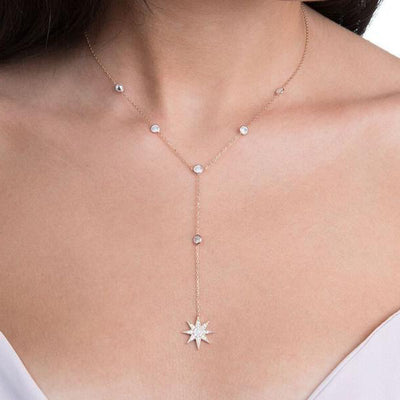 Dainty Cute Crystal Star Lariat Necklace for Women Fashion Statment Jewelry for Teens in Rose Gold Silver - Bonito collar de estrella de cristal - www.MyBodiArt.com #necklace