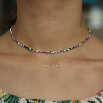 Cute Simple Rainbow Gemstone Pave Crystal Stackable Layered Choker Necklace in Gold, Silver Statement Fashion Jewelry for Women for Teen Girls - lindo collar de arco iris - www.MyBodiArt.com