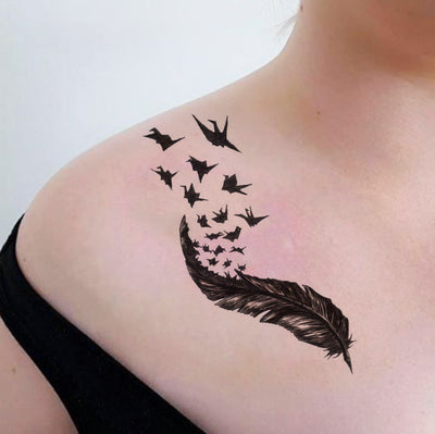 Unique Feather Bird Chest Tattoo Ideas for Women - Black Origami Sparrow Silhouette Leaf Shoulder Tat -  Ideas únicas del tatuaje del pecho del pájaro de la pluma para las mujeres - www.MyBodiArt.com #tattoos