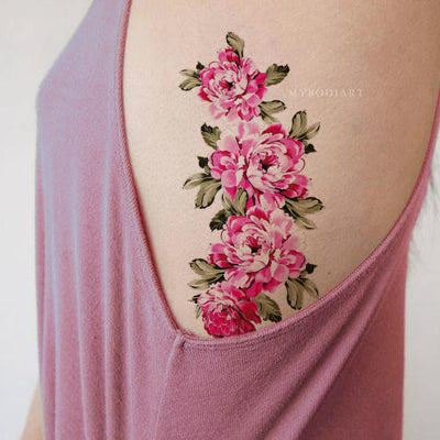 Pretty Pink Floral Flower Rib Temporary Tattoo Ideas for Women -  Ideas de tatuaje de flor rosa para mujeres - www.MyBodiArt.com