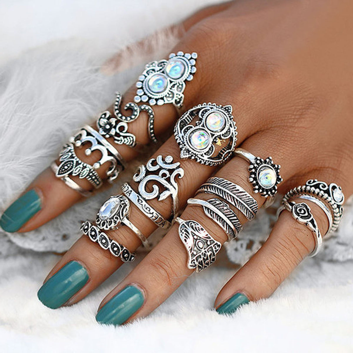 Aphria Boho Vintage Antiqued Silver Stackable Opal Ring Set 16 Pieces ...