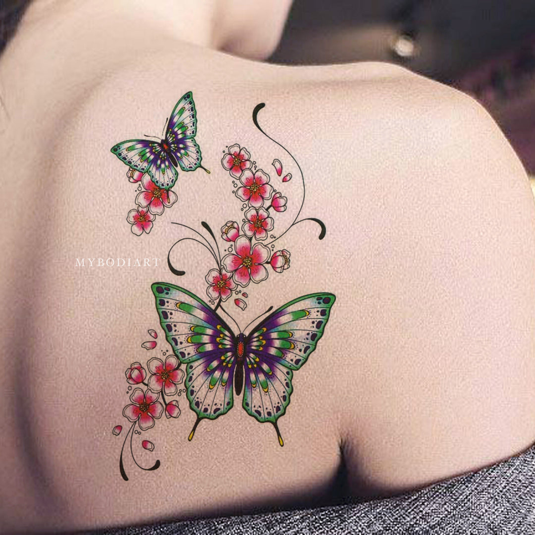 Butterfly and Flower Tattoos on Shoulder