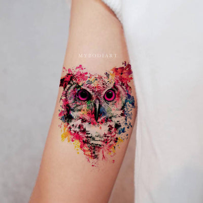 Cute Watercolor Owl Bird Bicep Arm Temporary Tattoo Ideas for Women -  Acuarela búho tatuaje ideas para mujeres - www.MyBodiArt.com