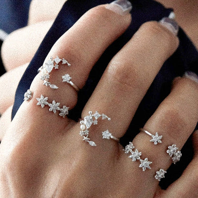 Cute Pretty Adjustable Stackable Midi Statement Rings Set - Crystal Moon Star Flower - Jewelry Jewellery -  conjunto de anillos de flores de cristal - www.MyBodiArt.com