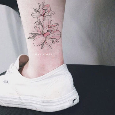 Beautiful Watercolor Pink Floral Flower Peony Outline Ankle Tattoo Ideas for Women - www.MyBodiArt.com #tattoos