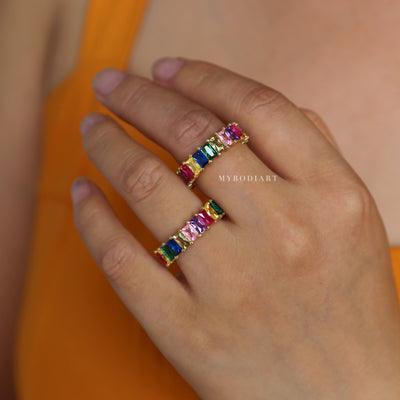 Rainbow Baguette Ring - Cute Chunky Gemstone Crystal Stone Pave Multiple Stacking Stackable Band Rings Statement Fashion Jewelry for Women for Teens in Gold - lindos anillos arcoiris gruesos - www.MyBodiArt.com 