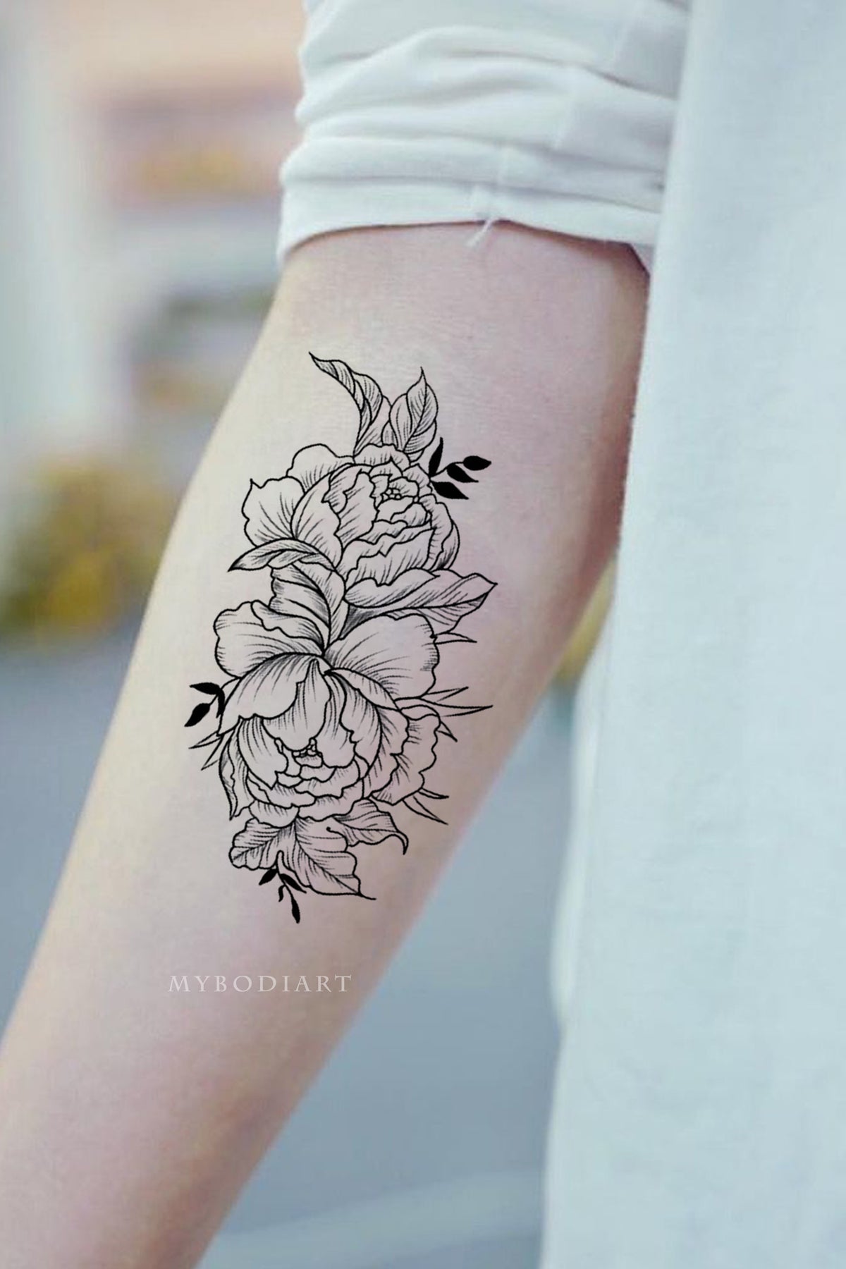 Garnet Delicate Black Peony Flower Outline Temporary Tattoo – MyBodiArt