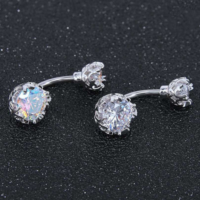 Cute Double Crystal Belly Button Piercing Stud Simple Navel Ring in Clear or Rainbow Aurora Borealis - www.MyBodiArt.com 