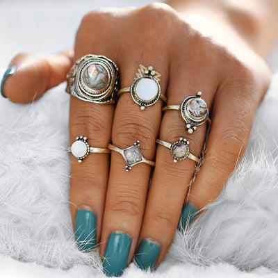 Chunky Boho Rings Set Moonstone Seashell Crystal Tribal Vintage Antiqued Gold Stackable Gypsy Hippie Ring - anillo bohemio para mujer - www.MyBodiArt.com #rings