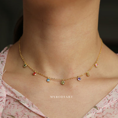 Cute Dainty Rainbow Gemstone Crystal Bead Droplets Stackable Layered Choker Necklace in Gold Statement Fashion Jewelry for Women for Teen Girls - lindo collar de arco iris - www.MyBodiArt.com