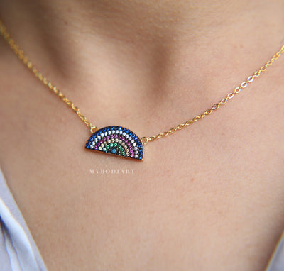 Cute Simple Rainbow Gemstone Crystal Pendant Statement Necklace in Gold, Silver, Rose Gold Fashion Jewelry for Women for Teen Girls - lindo collar de arco iris - www.MyBodiArt.com