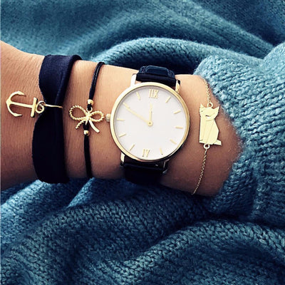 Cute Chunky Gold Bracelet Set Layered Stacked Anchor Bow Watch Fashion Jewelry for Women For Teens - www.MyBodiArt.com #bracelets