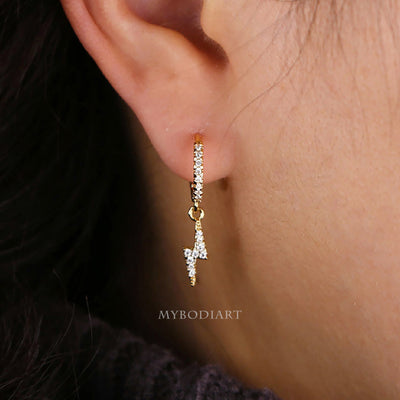 Cute Simple Classy Lightning Bolt Earring Huggie Hoop Crystal Ear Piercing Jewelry Ideas for Women in Gold - www.MyBodiArt.com