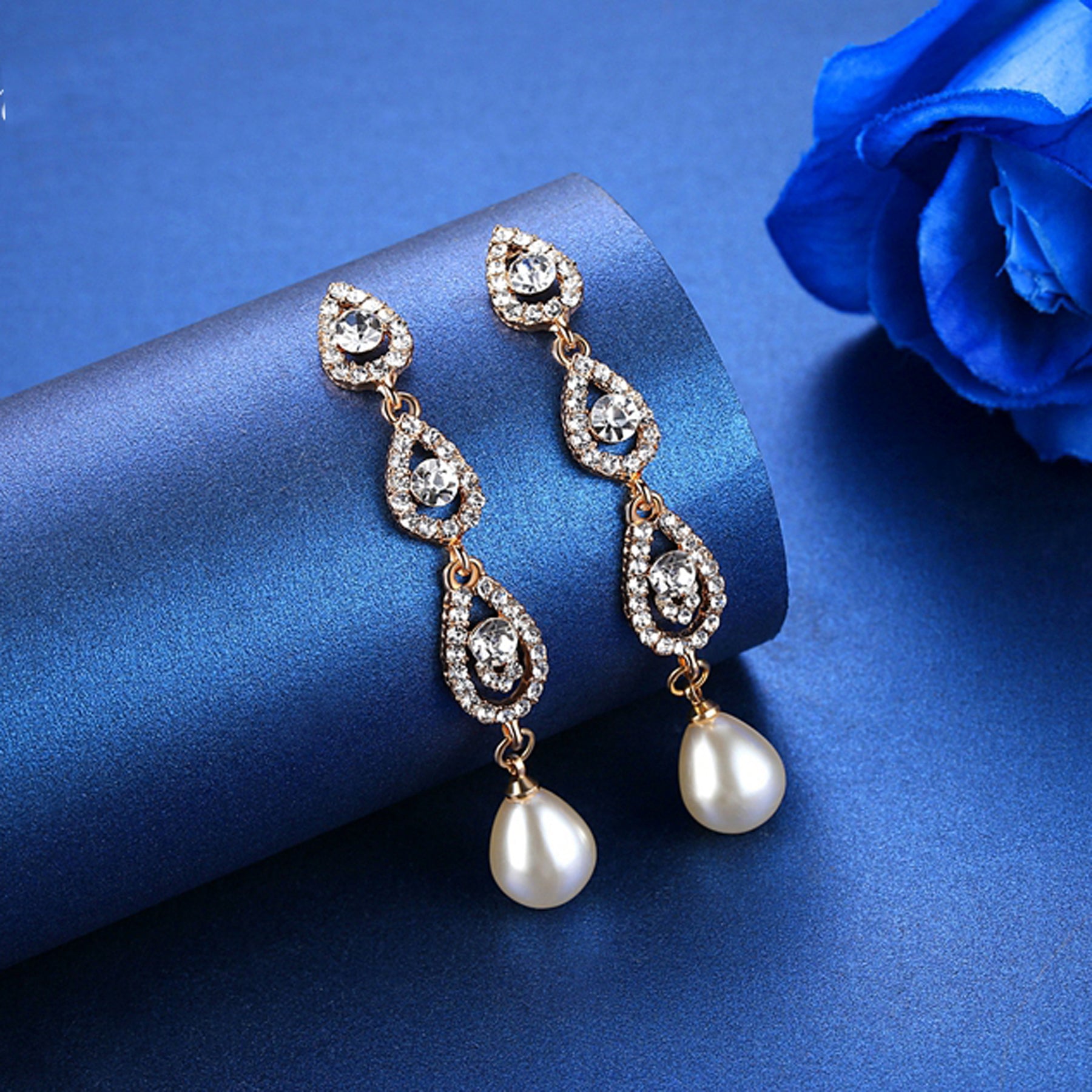 Bernice Crystal Dangle Long Pearl Drop Stud Earrings in Silver or Gold ...
