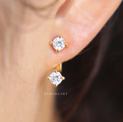 Simple Unique Ear Piercing Ideas for Women - Double Crystal Cubic Zirconia Ear Jacket Earrings Ear Lobe for Teens in Silver or Gold - idées simples de perçage d'oreille pour les femmes - www.MyBodiArt.com #earrings