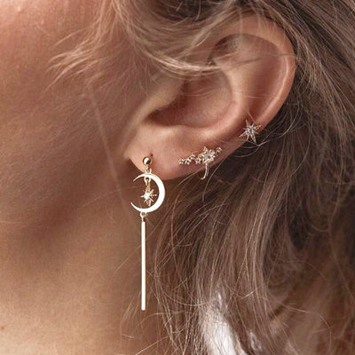 Boho Cute Multiple Ear Piercing Ideas - Dangle Moon Star Cartilage Tragus Triple Forward Helix Jewelry Ear Cuff in Gold  - lindas orejas piercing ideas para las mujeres - www.MyBodiArt.com 