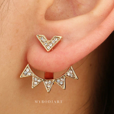 Cute Starburst Triangle Crystal Ear Jacket Earrings for Women -  lindos aretes - www.MyBodiArt.com