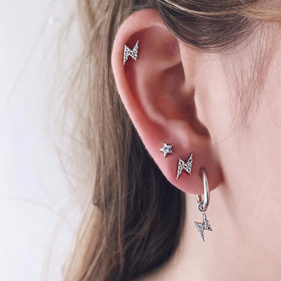 Cute Multiple Ear Piercing Ideas Lightening Bolt Studs Hoop Dangle Earrings in Silver for Women - Cartilage Earrings - www.MyBodiArt.com #earrings