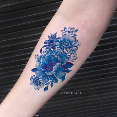 Cute Beautiful Blue Floral Flower Vintage Forearm Temporary Tattoo Ideas for Women - www.MyBodiArt.com #tattoos