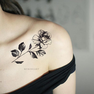 Popular Vintage Single Black Rose Shoulder Tattoo Ideas for Women - Floral Flower Tattoos ideas populares tradicionales del tatuaje de la rosa del negro solo para las mujeres - www.MyBodiArt.com