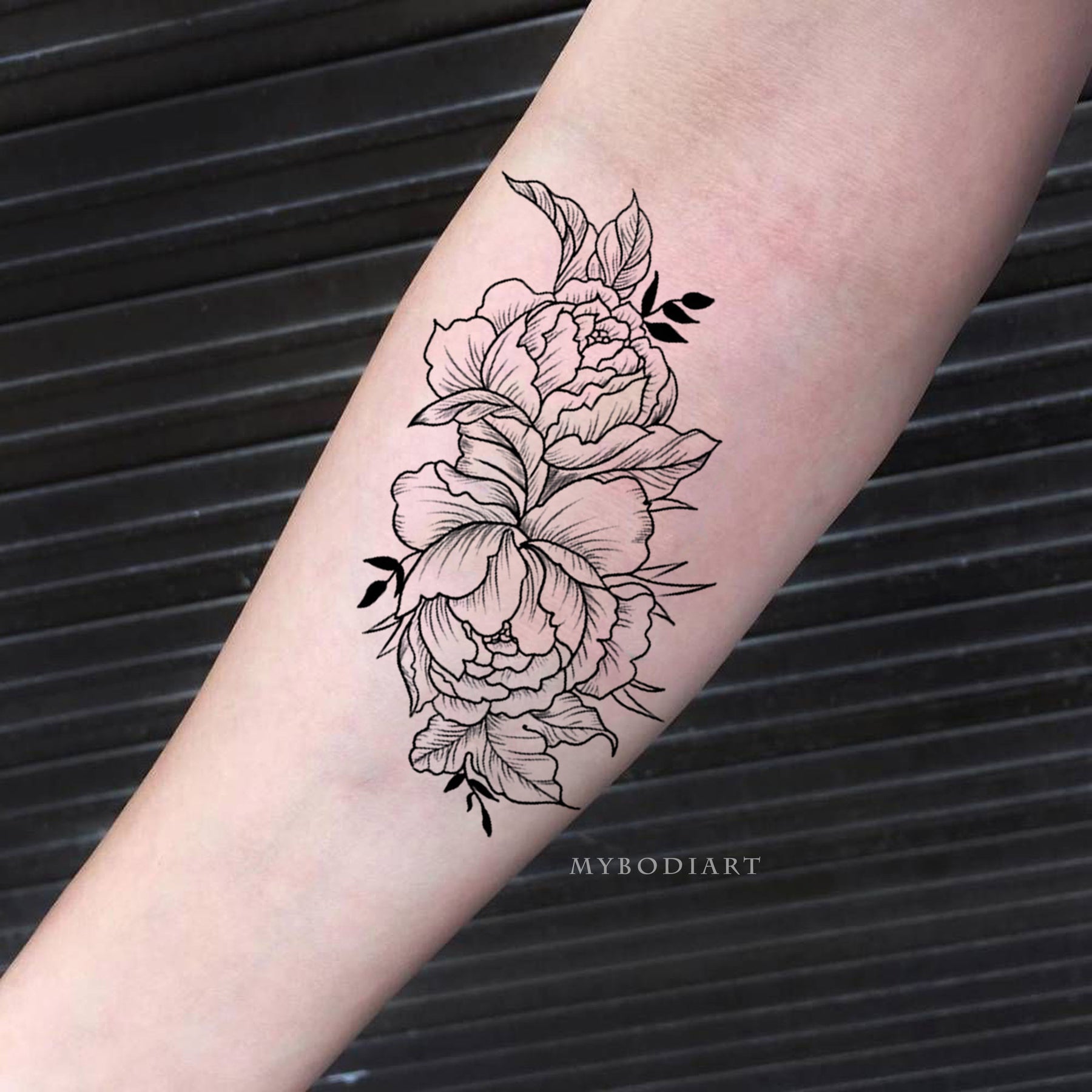 Garnet Delicate Black Peony Flower Outline Temporary Tattoo