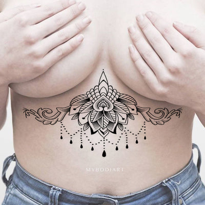 Popular Chandelier Lotus Mandala Sternum Tattoo Ideas for Women - Trending Boho Tribal Black Henna Cleavage Tat -   Ideas de tatuajes de loto para mujeres - www.MyBodiArt.com 