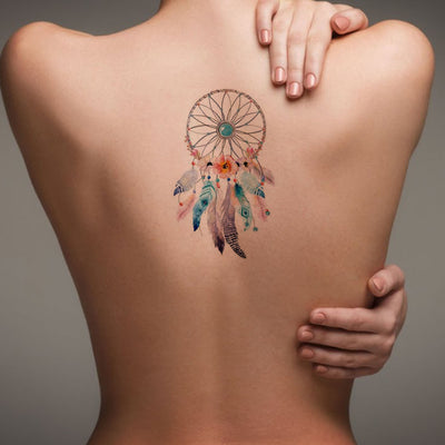 Watercolor Dreamcatcher Back Tattoo ideas for Women - Popular Feminine Beautiful Small Spine Tat for Teenagers -  Pluma de acuarela Ideas de tatuaje de espalda para mujeres - www.MyBodiArt.com