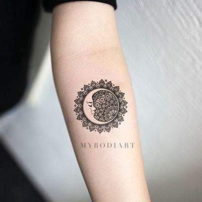 Cool Black Tribal Mandala Forearm Tattoo Ideas for Women - Sacred Geometric Moon Arm Tat for Teen Girls - www.MyBodiArt.com #tattoos
