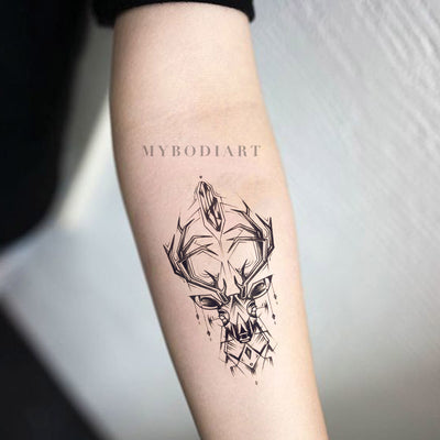 Deer Forearm Tattoo Ideas for Women - Black Geometric Antlers Feminine Spirit Animal Arm Tat - www.MyBodiArt.com #tattoos