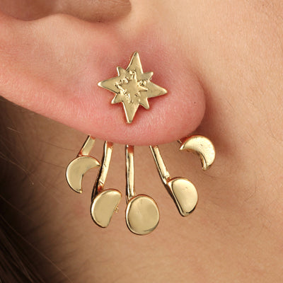 Cute Ear Piercing Ideas - Moon Phases Ear Jacket Earring - Stars Universe Galaxy Crescent in Gold - at MyBodiArt.com