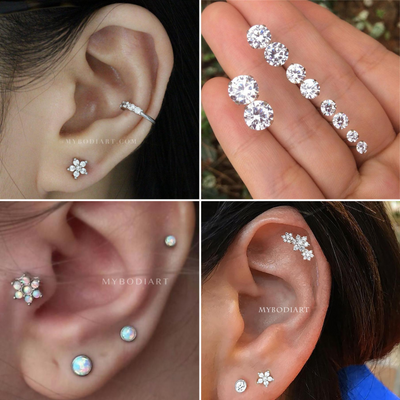 Cute Ear Piercing Combination Idea Jewelry - Crystal Stud Earrings 16G - www.MyBodiArt.com #earrings