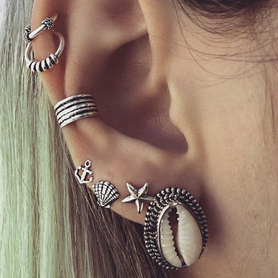 Tribal Multiple Ear Piercing Ideas - Seashell Earring - Starfish Stud - Seashell Jewelry - Ear Cuff for Cartilage Ring or Helix Hoop at MyBodiArt.com
