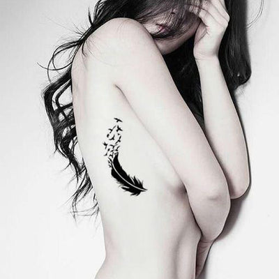 Feather with Birds Silhouette Rib Tattoo Ideas for Women at MyBodiArt.com - Black Plume Sparrows Tats 