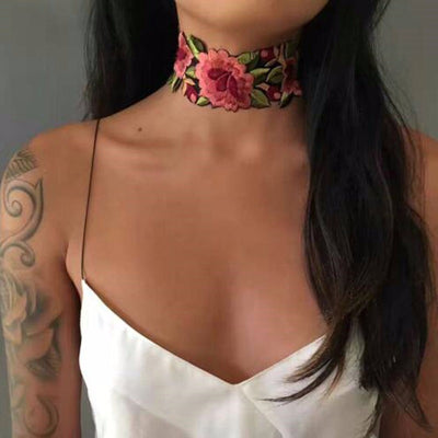Arm Tattoos for Women - Casual Outfit Ideas for Summer 2017 - Julia Floral Flower Embroidered Fabric Choker Necklace at MyBodiArt.com 