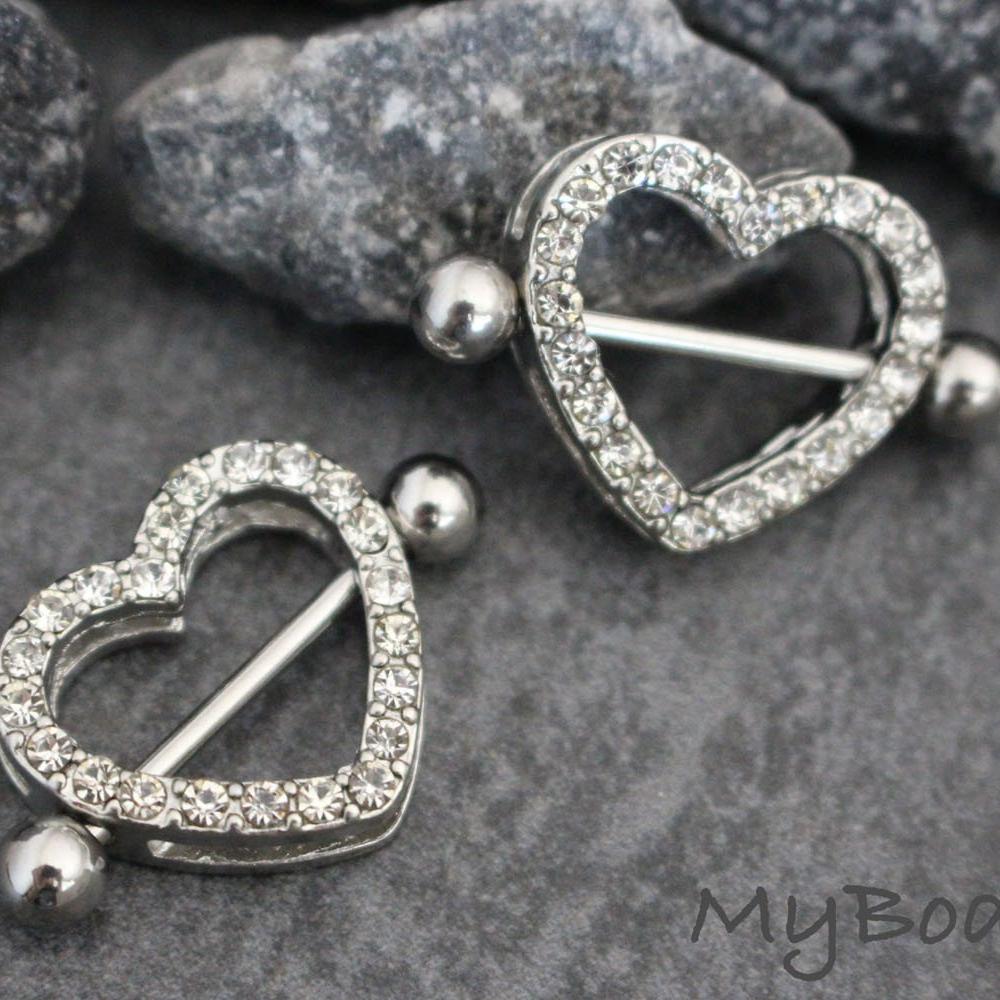 Heart Nipple Piercing Jewelry with 14G Barbells at MyBodiArt