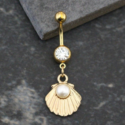 Pearly Seashell Pearl Gold Dangle Belly Button Ring 16G at MyBodiArt.com