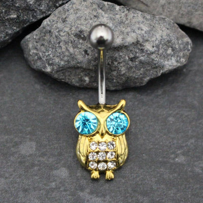 Chirpy Owl Gold Belly Button Ring Stud Navel Piercing in 16G with Blue and Clear Crystals at MyBodiArt.com