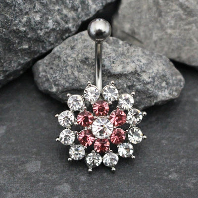 Gardenia Crystal Flower Belly Button Ring Stud Navel Piercing Jewelry 16G Clear and Pink CZ Crystals at MyBodiArt.com