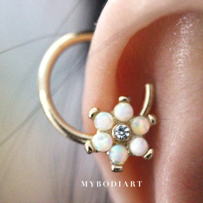 Unique Cartilage Ear Piercing Ideas for Women - Gold Opal Floral Flower Seamless Ring Hoop Earring for Cartilage Conch Tragus Septum Nipple - www.MyBodiArt.com #earrings