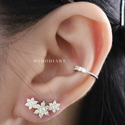 Cute Feminine Ear Piercing Ideas for Teens - Triple Crystal Flower Cartilage Conch Earring for Women - www.MyBodiArt.com #earrings