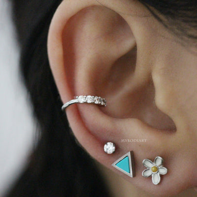 Cute Multiple Ear Piercing Jewelry Ideas for Women - Triangle Turquoise Earring Stud for Cartilage, Tragus, Conch, Helix -  www.MyBodiArt.com