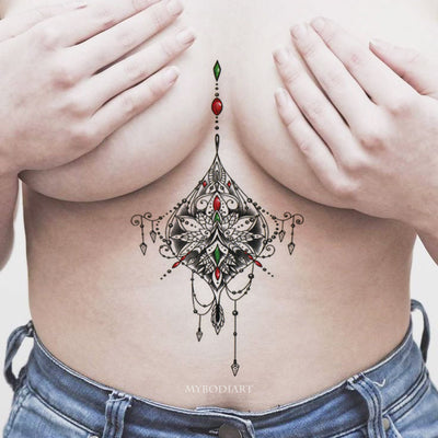 Beautiful Tribal Boho Mandala Lotus Chandelier Sternum Temporary Tattoo Ideas for Women - www.MyBodiArt.com