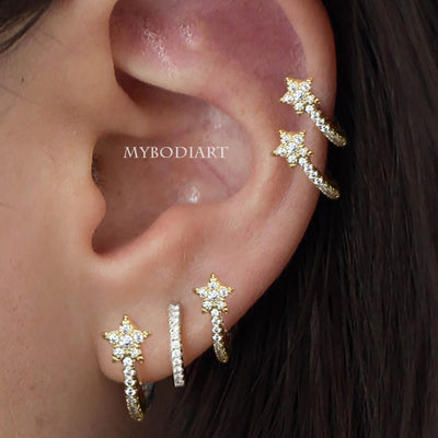 Cute Star Multiple Cartilage Helix Ear Piercing Ring Hoop Earrings - www.MyBodiArt.com