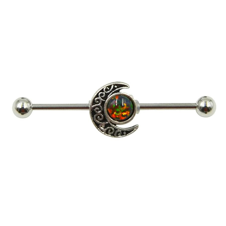 Opal Moon Industrial Piercing Jewelry Barbell in Silver 14G- MyBodiArt