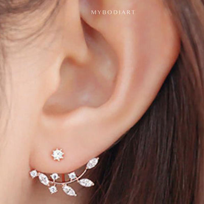 Cute Crystal Leaf Ear Jacket Earrings for Women Fashion Jewelry in Silver, Gold, Rose Gold  - www.MyBodiArt.com