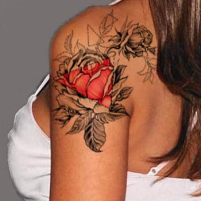 Sabella Geometric Black and Red Rose Flower Tattoo Ideas at MyBodiArt.com