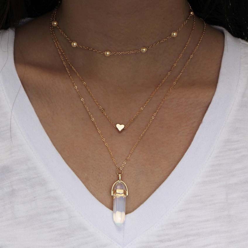 Julianna Opal Gemstone Triple Layered Heart Choker Necklace in Gold ...