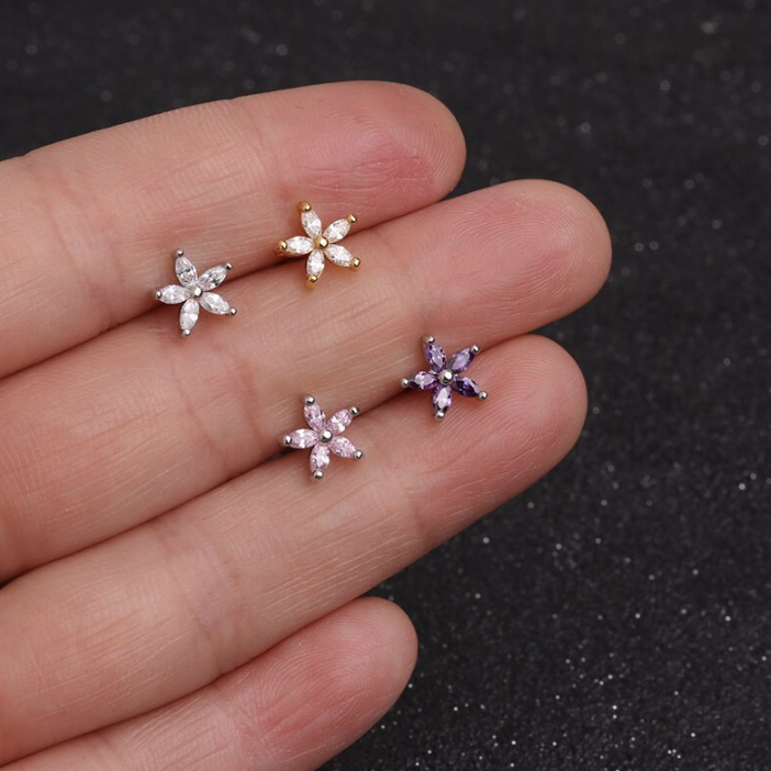 Crystal Flower Cartilage Stud, Tragus Earring, Helix Piercing