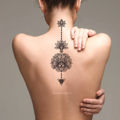Tribal Boho Black Lotus Mandala Spine Back Tattoo Ideas for Women -  Ideas de tatuajes para mujeres - www.MyBodiArt.com